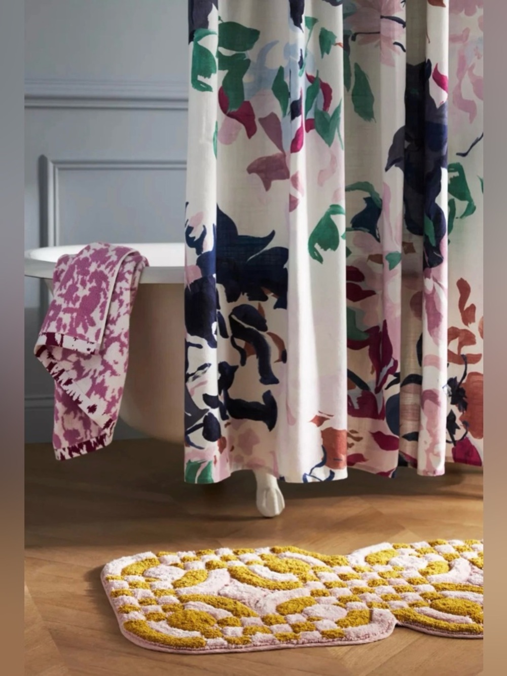 Anthropologie Floral Watercolor Shower Curtain - Pink, Green, Navy, Cream - Picture 4 of 5
